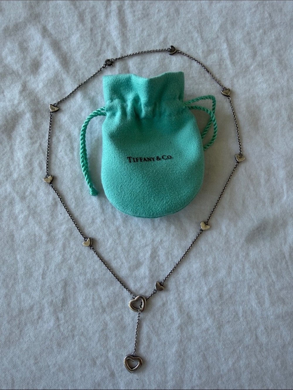 Authentic Tiffany & Co. Sterling Silver Heart Drop Dangle Lariat Necklace